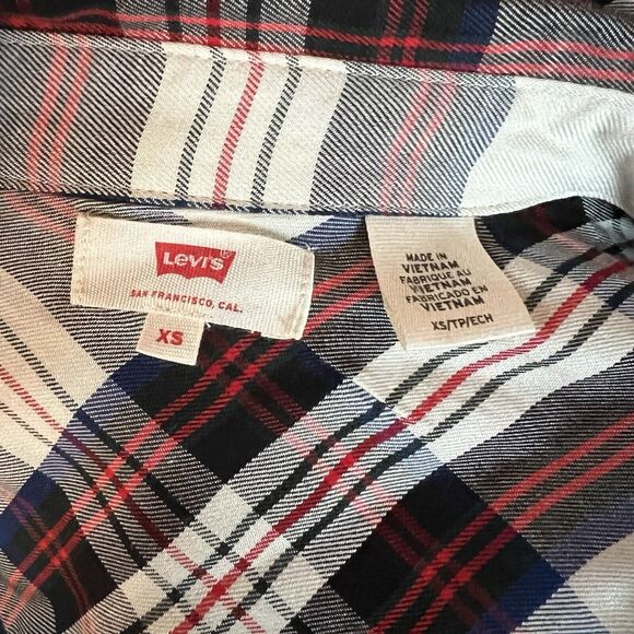 3/$30 Levis Shirt Dress Womens XS Red Blue Plaid Long Sleeve Button Down - Picture 2 of 9